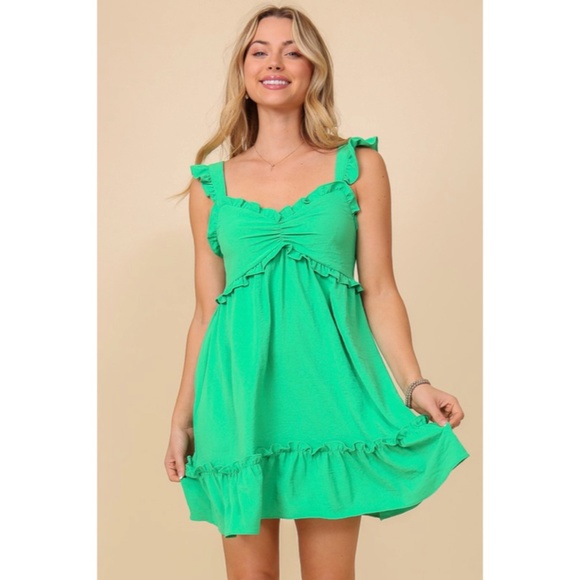 SOLD OUT Green Babydoll Ruffle Trimmed Mini Sleeveless Summer Vacation Casual - Picture 2 of 6